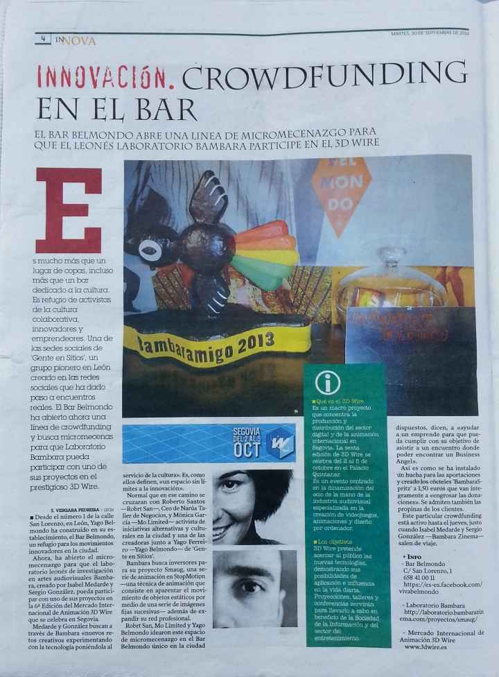 Artículo del Diario de León sobre el crowdfunding que se hizo en el Bar Belmondo para ayudarnos con los gastos de la asistencia el 3D Wire.